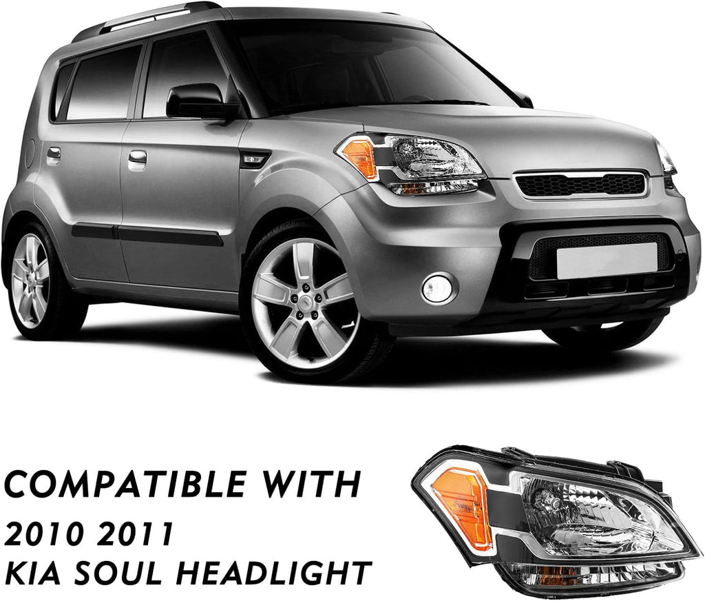 TUSDAR Halogen Headlight Assembly Replacement Fit for 2010 2011 Kia Soul Clear Headlights Right Passenger Side w/Bulbs