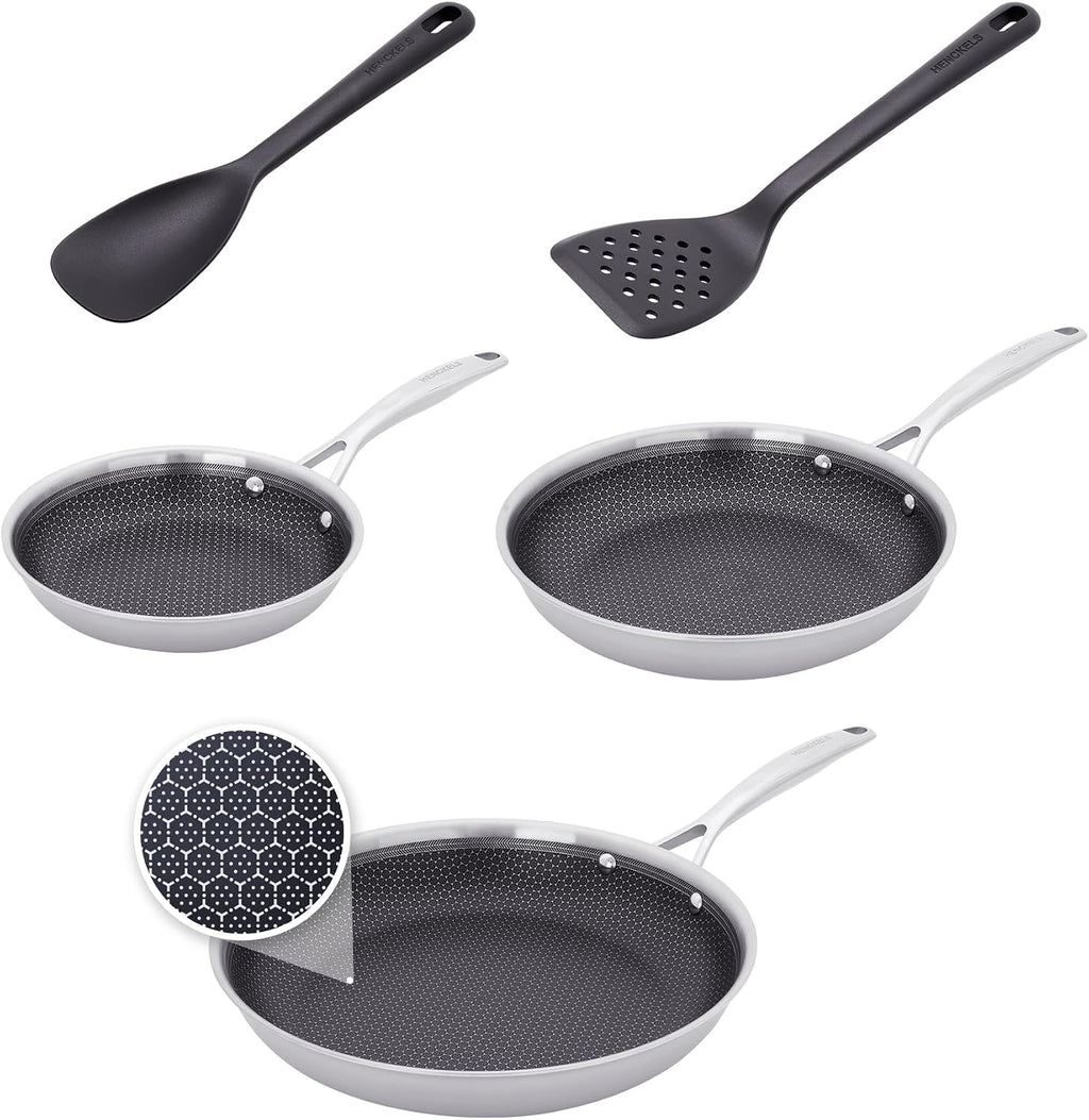 HENCKELS Paradigm 5-pc Cookware Set, Nonstick Frying Pan and Silicone Utensil Set, 3-Ply Stainless Steel Skillets for Induction Cooktop, Gas & Electric Stovetops – Dishwasher Safe & Oven Safe