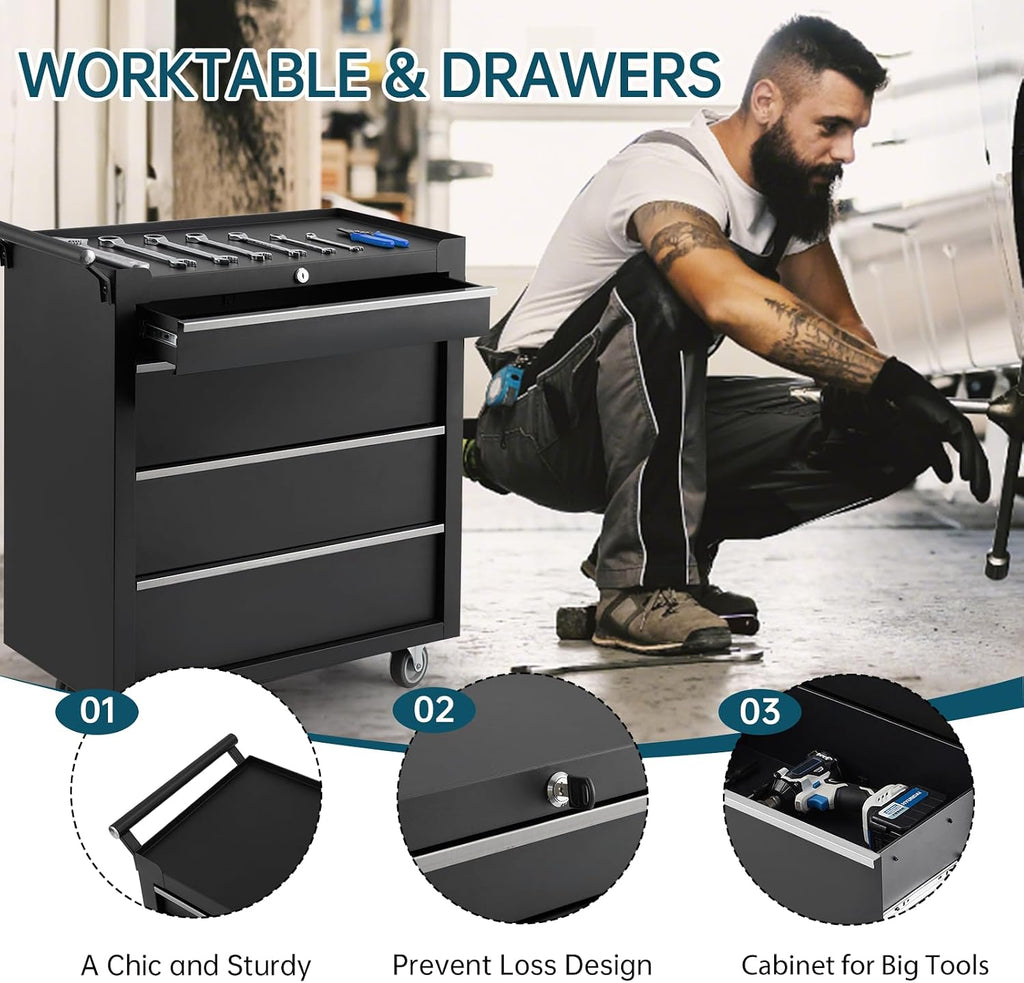 GarveeLife 4-Drawer Tool Box 24' Garage Tool Box with Key Lock and Removable Drawer Liners, Wheeled Design, Suitable for Garages, Warehouses, Workshops, and Repair Shops - Black