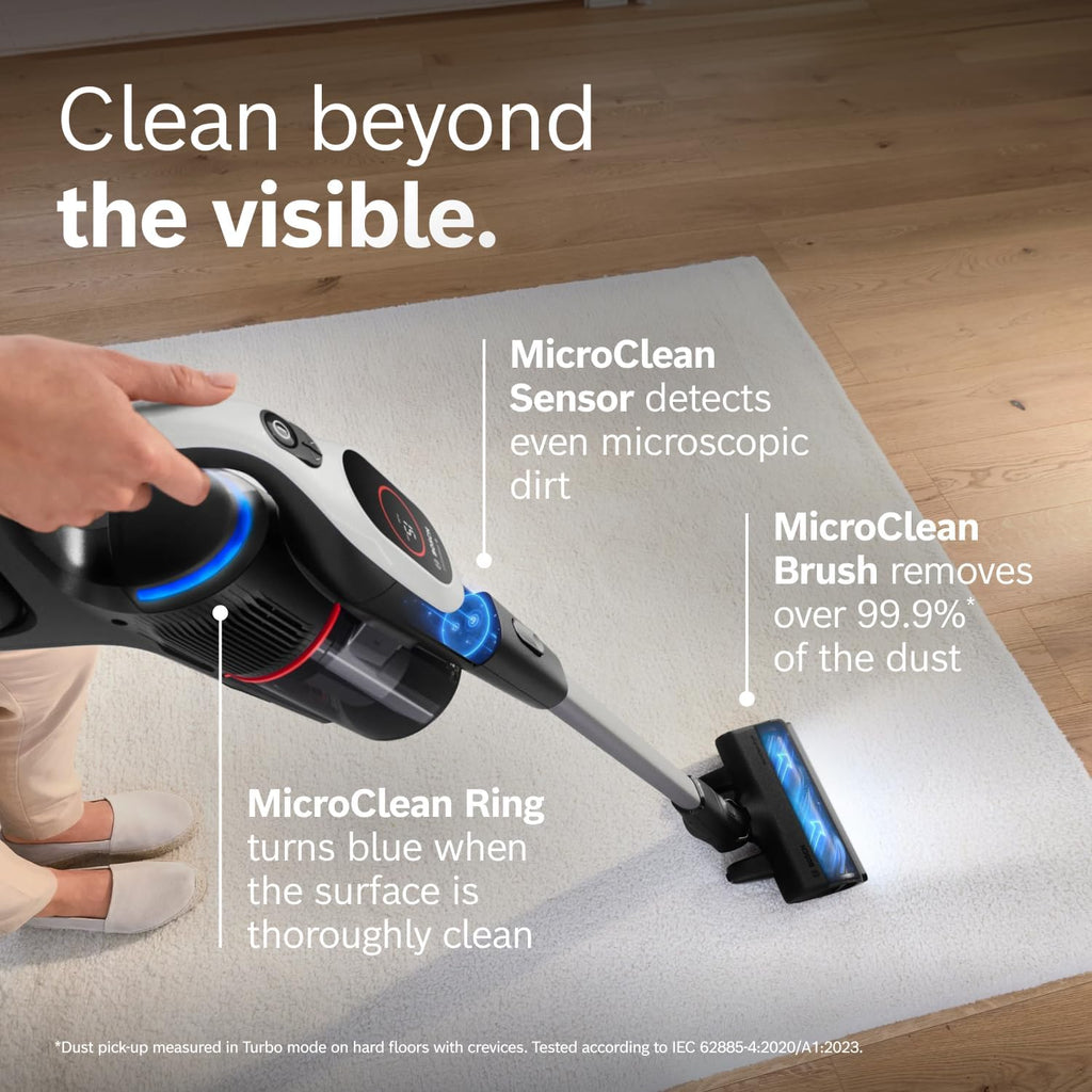 Bosch Unlimited 9 Cordless Stick Vacuum Cleaner - Up to 60 Min Battery, Multi-Surface, Vacuums Pet Hair, Hard Floors and Carpets, HEPA Filter, MicroClean Brush, 3 Accessories, White