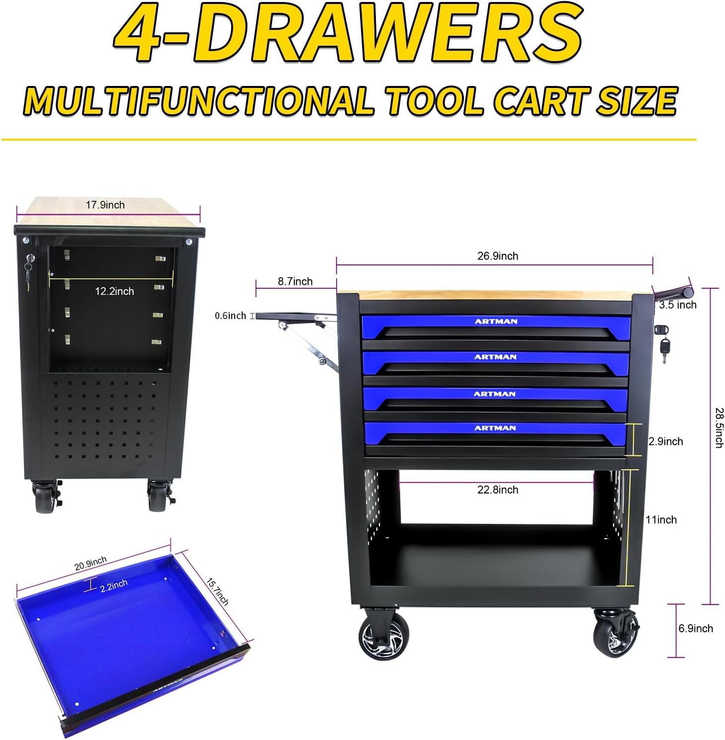Tool Box with Wheels, Solid Wooden Workbench Top, Portable Garage Storage Cabinet on Wheels with Adjustable Side Shelf, Locking Casters, and Perforated Panels