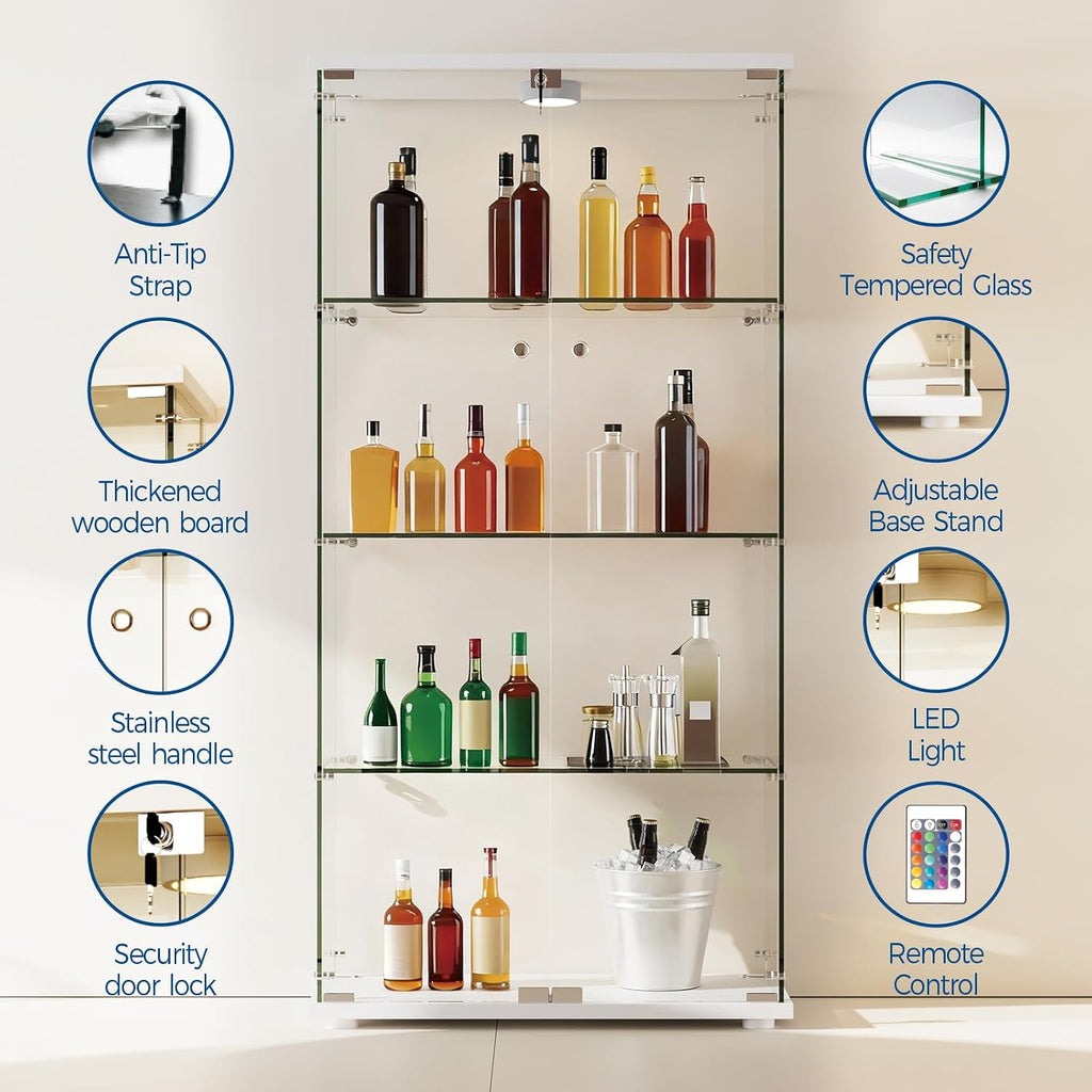 4-Tier 64.6h' Tempered Glass Display Cabinet (White) - Full-Glass Curio Case with 13-Color LED Lights & Human Body Sensor, 17.6LBS/Layer Capacity, Quick-Install Storage for Collectibles & Decor