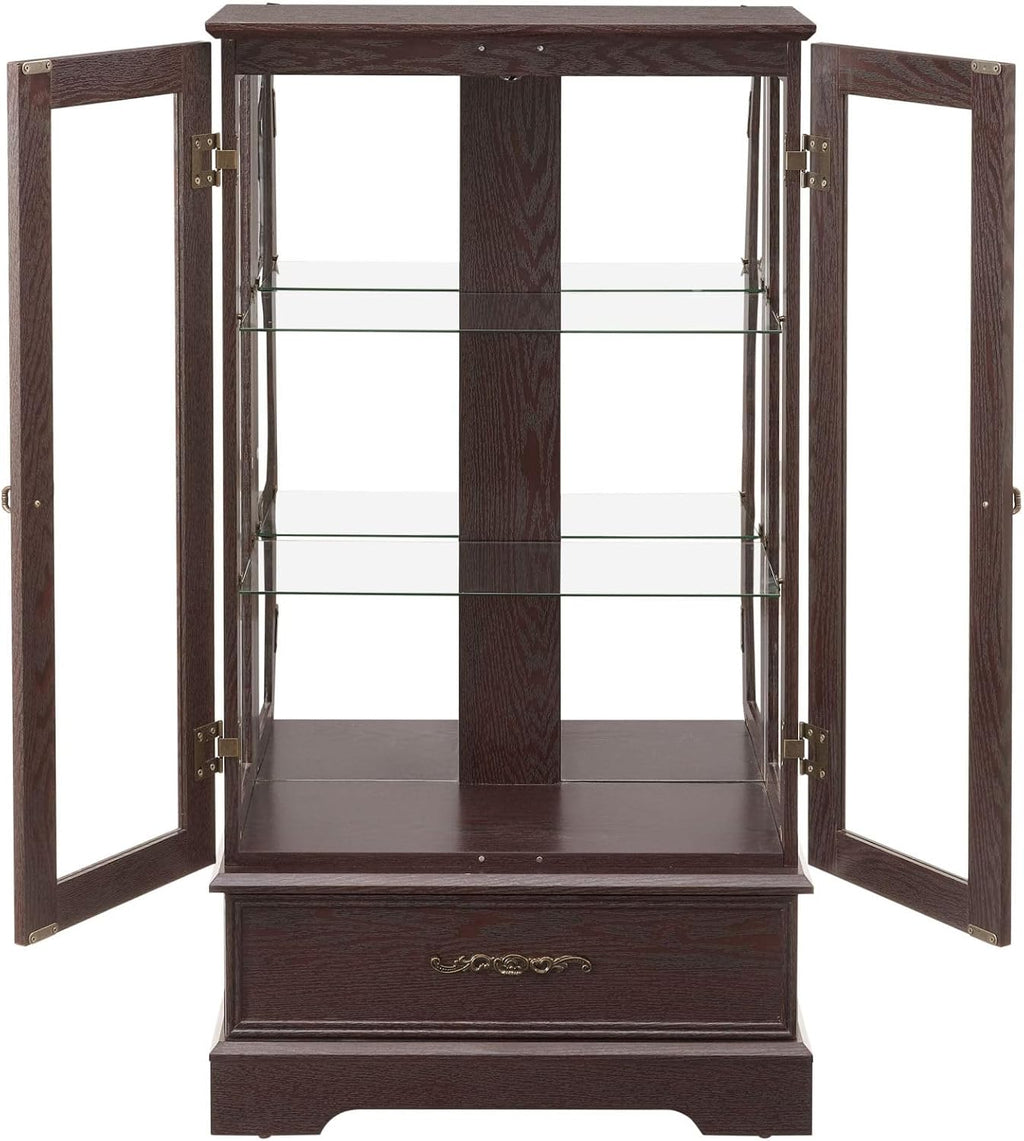 47' Lighted Glass Accent Curio Cabinet, 3-Tier Antique Storage Cage with Adjustable Shelves & Drawer, Acrylic Mirrored Pane, Light Blub Included, Small China Cabinet for Living Room (Dark Cherry)