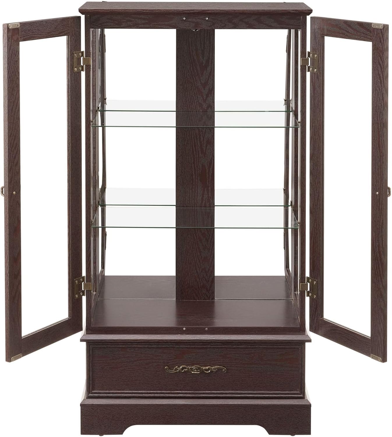 47' Lighted Glass Accent Curio Cabinet, 3-Tier Antique Storage Cage with Adjustable Shelves & Drawer, Acrylic Mirrored Pane, Light Blub Included, Small China Cabinet for Living Room (Dark Cherry)