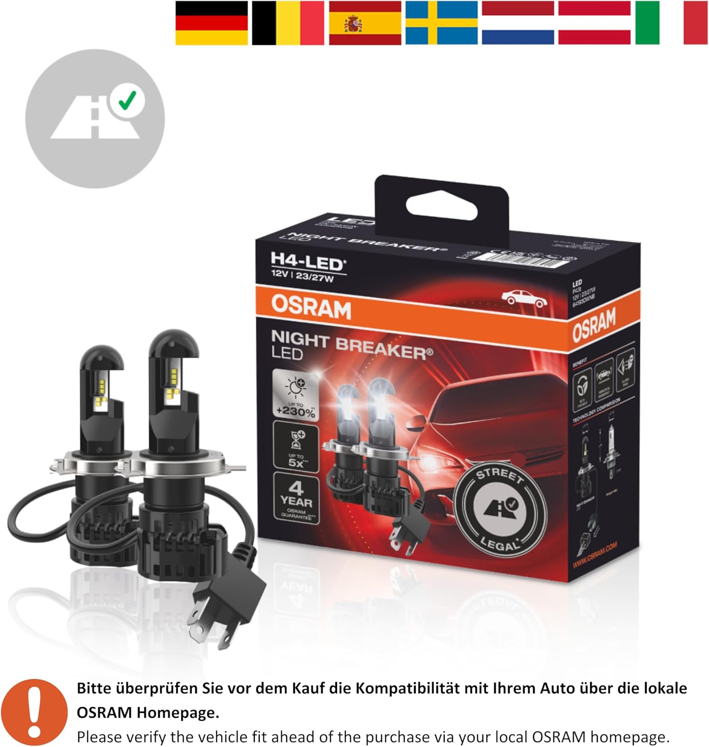 OSRAM Night Breaker H4 LED; Up to 230 Percent More Brightness, Legal Low and High Beam with Road Legal in Germany and Austria, Black