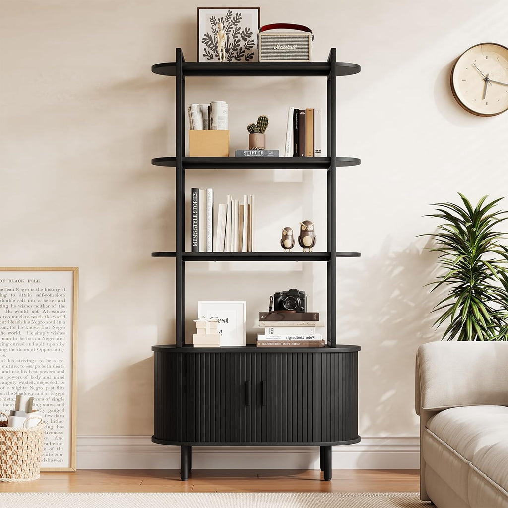 5 Tier Tall Bookshelf with Cabinet, Fluted Bookcase with Sliding Door, Metal and Wood Display Shelf, Free Standing Storage Shelving Unit, Corner Storage Organizer for Living Room, Home Office, Black