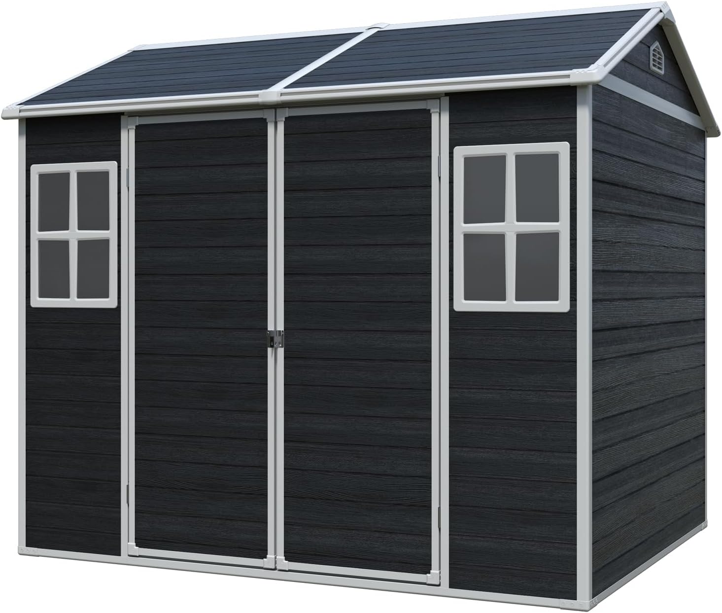 8x6 ft Outdoor Resin Storage Shed with Floor, Waterproof Plastic Garden Shed with Lockable Door and Two Windows, All-Weather Tool Sheds for Backyard, Patio, Lawn (Black)