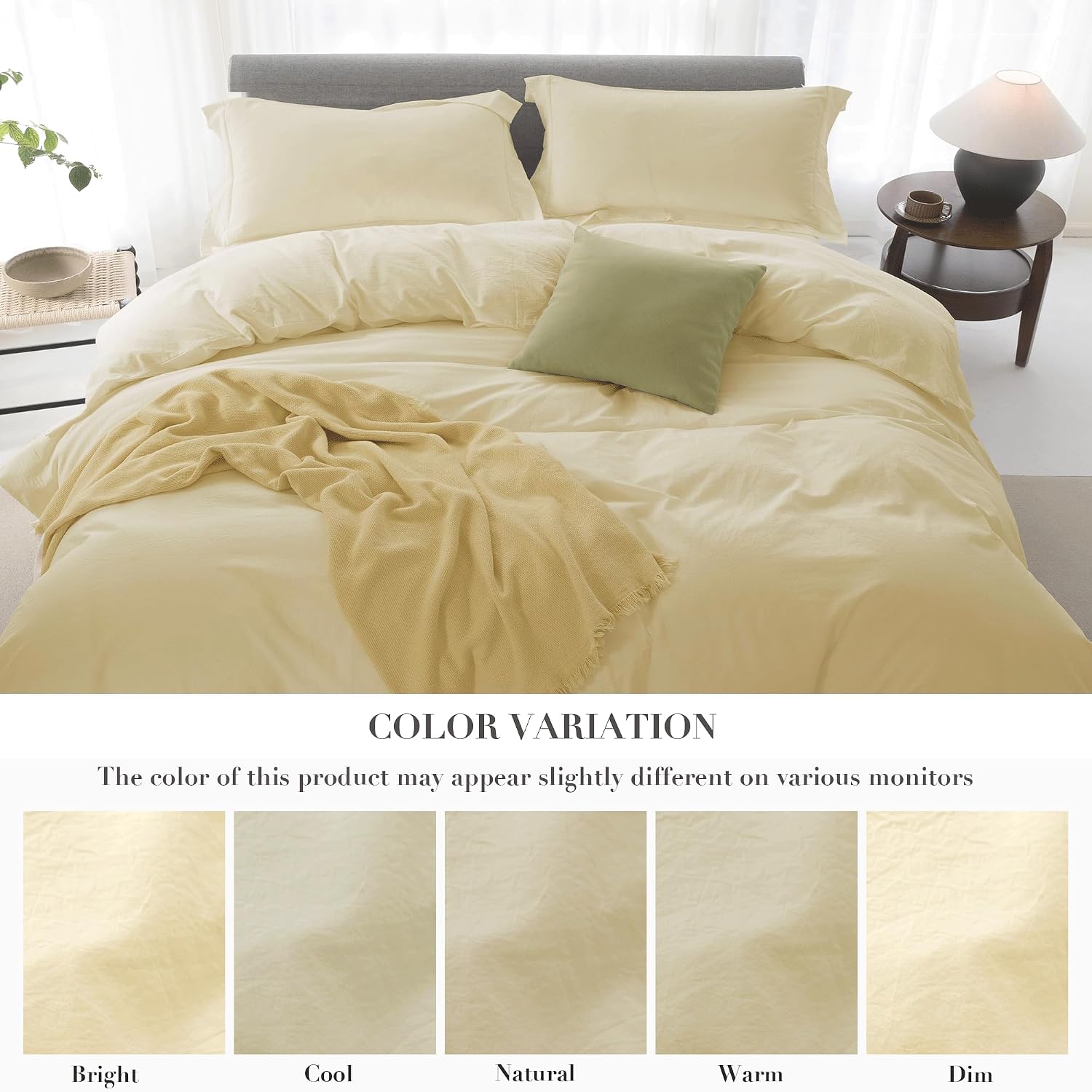 Cooling Duvet Cover Set 3 Pieces-100% Washed Cotton with Chic Wide Trim Design Linen Like Textured Ultra Soft Cozy Bedding with Zipper Closure(Hemmed Pale Yellow,Oversized King 120'x98')
