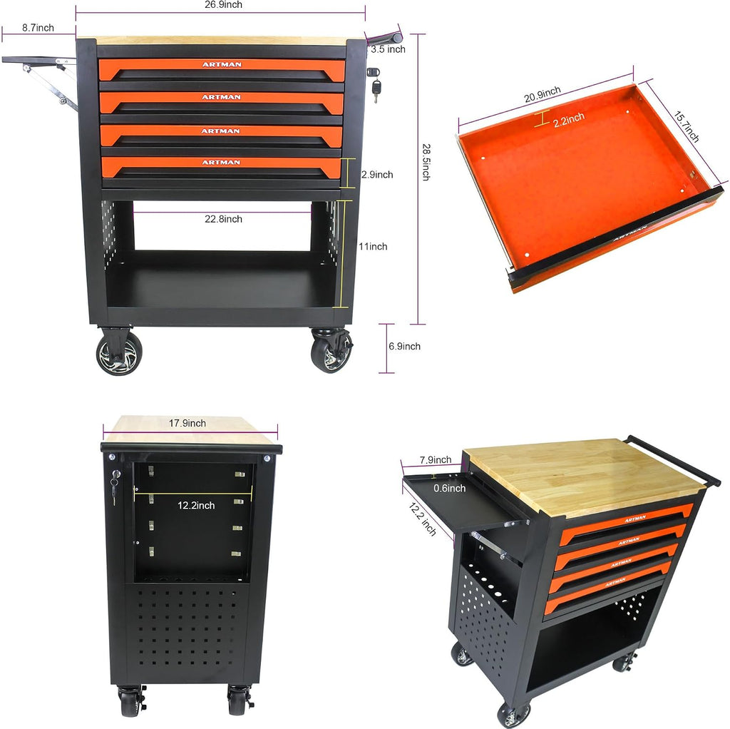 JOYBASE Rolling Tool Chest with 4 Drawers & Wood Top, Heavy Duty Steel Tool Cart on Wheels, Mobile Garage Organizer & Storage Cabinet for Workshop & Mechanic (Black & Orange)