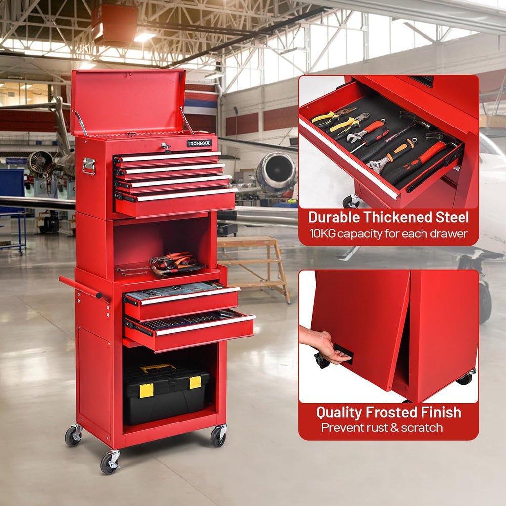 ERGOMASTER 6-Drawers Tool Chest, High Capacity Tool Storage Cabinet with Wheels and Locking System, Removable Tool-Box Bench for Garage -Upgrade 6 & Red