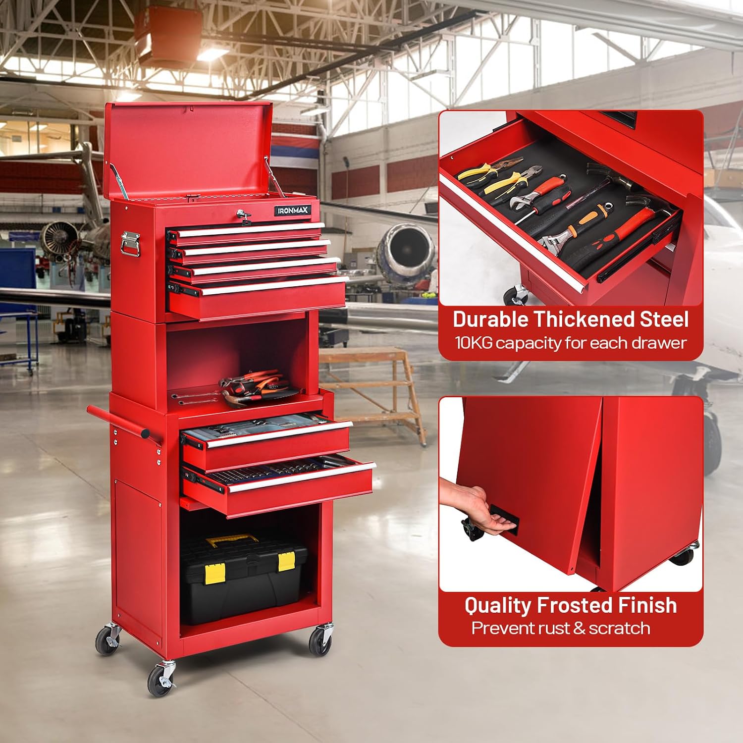 ERGOMASTER 6-Drawers Tool Chest, High Capacity Tool Storage Cabinet with Wheels and Locking System, Removable Tool-Box Bench for Garage -Upgrade 6 & Red