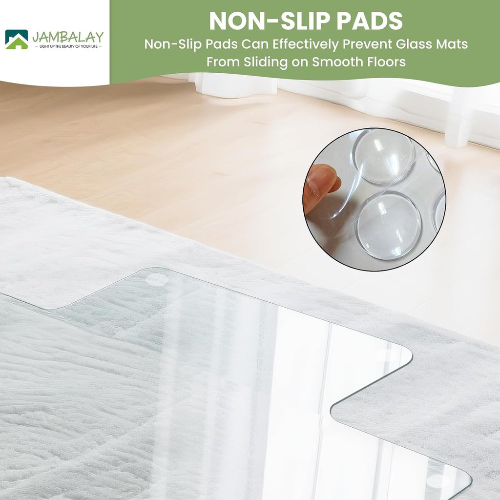 JAMBALAY Irregular Tempered Glass Chair Mat with Lip, 53'x45' Heavy Duty Glass Floor Mat for Carpet/Hard Floors, Carpet Office Chair Mats with Anti-Slip Pads, Thick 0.2″, Clear