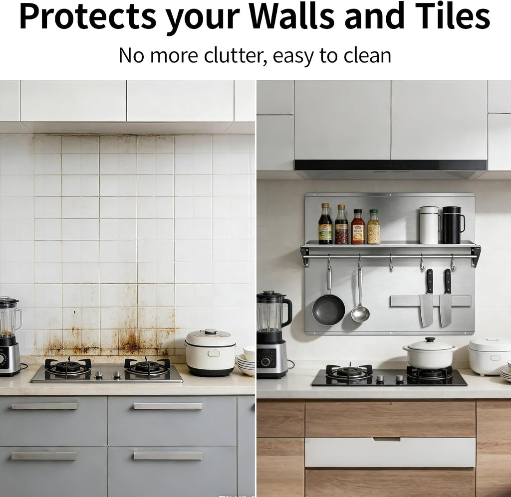 Range Backsplash – 36'x30' Stainless Steel Backsplash with Storage Shelf & Magnetic Knife Holder, Stove Backsplash for Kitchen Wall Protection, Pre-Drilled Holes for Easy Installation & Easy Clean