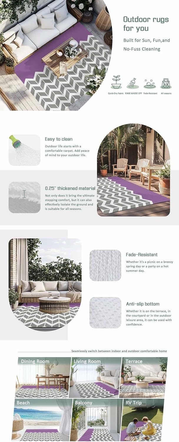 Outdoor Rug 4x6ft Grey White Arrow Chevron Striped Patio Area Rugs Waterproof Easy Cleaning Non Shedding Thick Mats Purple Carpet for Indoor Outdoor Porch Deck Backyard Balcony