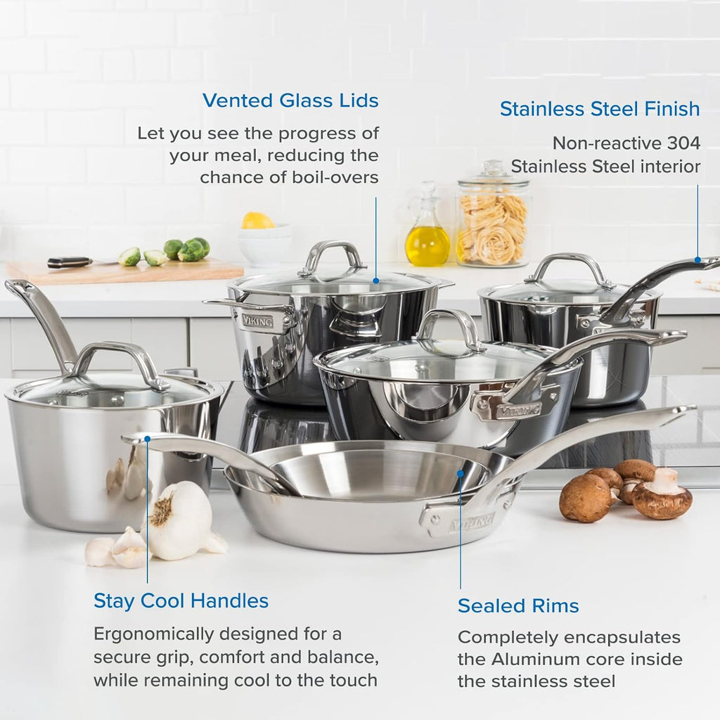 Viking Culinary Contemporary 3-Ply Stainless Steel Cookware Set, 10 Piece, Dishwasher, Oven Safe & Culinary 304 Stainless Steel Kitchen Utensil Set, Ergonomic Stay-Cool Handles