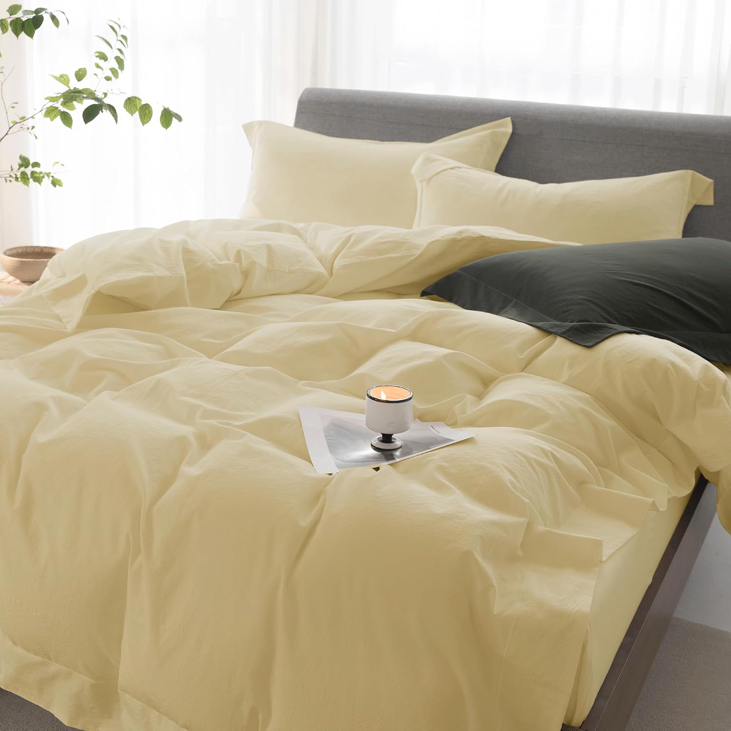 Cooling Duvet Cover Set 3 Pieces-100% Washed Cotton with Chic Wide Trim Design Linen Like Textured Ultra Soft Cozy Bedding with Zipper Closure(Hemmed Pale Yellow,Oversized King 120'x98')