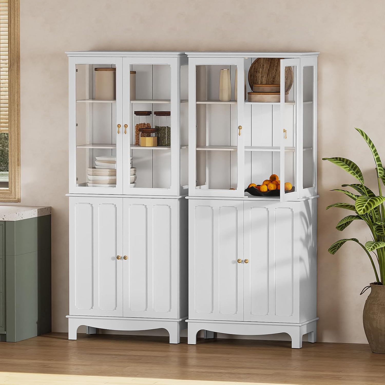 ARTPOWER 72' Freestanding Kitchen Pantry Storage Sideboard, Classical Tall Cabinet with Glass Door and Adjustable Shelves for Kitchen, Livingroom and Dining Room, White