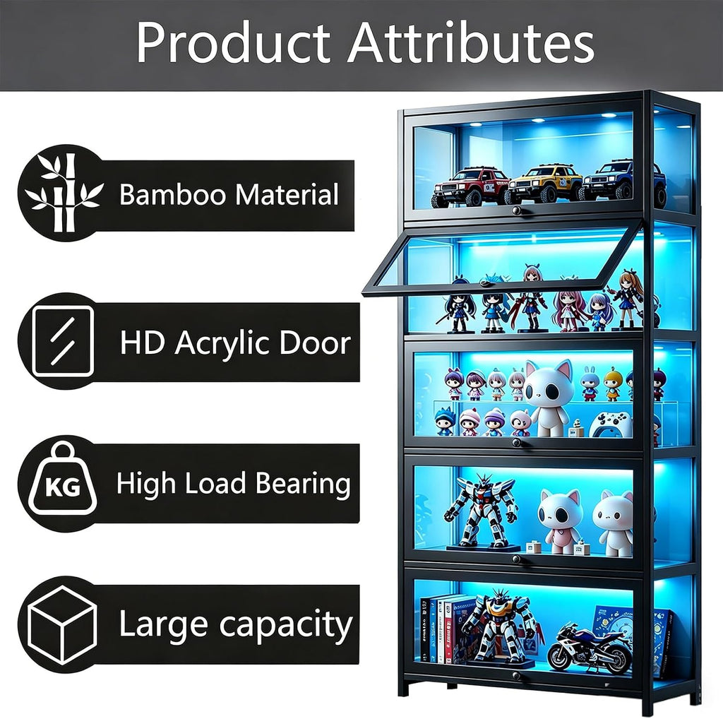 Curio Display Cabinet with Acrylic Glass Door, 5-Tier Display Case, Curio Cabinet & Bookcase for Collectibles, Display Shelf for Home, Reading Nook, Playroom, Living Room