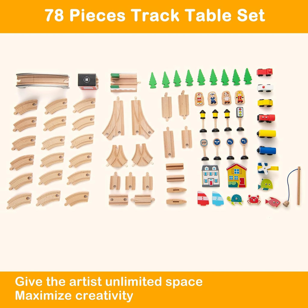 INFANS Train Table with Storage, 78 Pieces Wooden Kids Activity Toy Table Playset with Reversible Detachable Tabletop, Tracks, Train, Railway, City, Gift for Toddler Boys Girls Ages 3+
