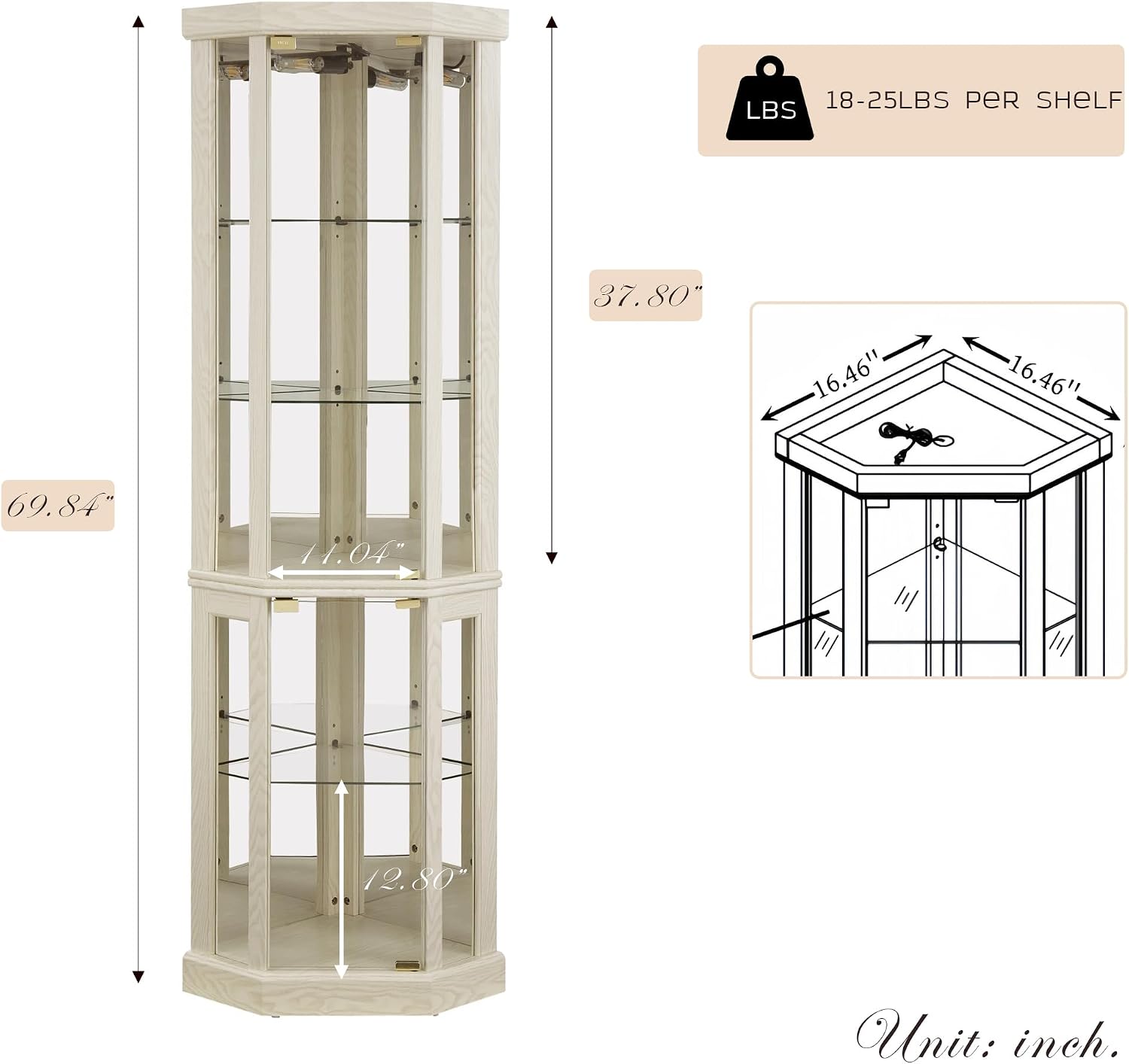 Corner Curio Cabinet, 70' H Lighted Glass Display Cage with Tempered Glass Doors and 5 Adjustable Shelves, Light Bulb Inclued, Wine Bar China Cabinet for Living Room (White)