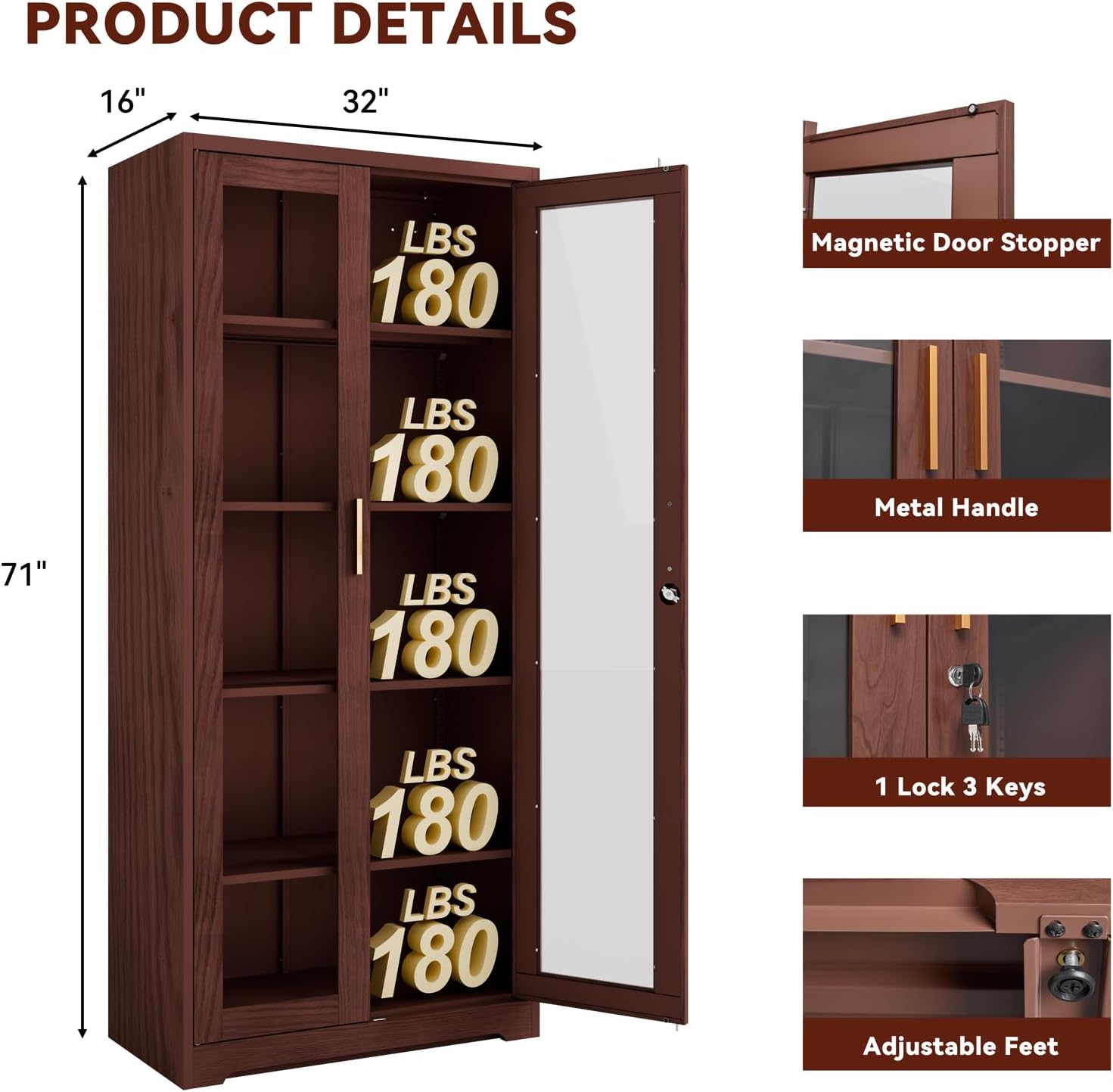 Display Cabinet with Glass Doors,71' Metal Curio Cabinets with 4 Adjustable Shelves, 5 Tier Display Case for Collectibles, Metal Storage Cabinet, Brown