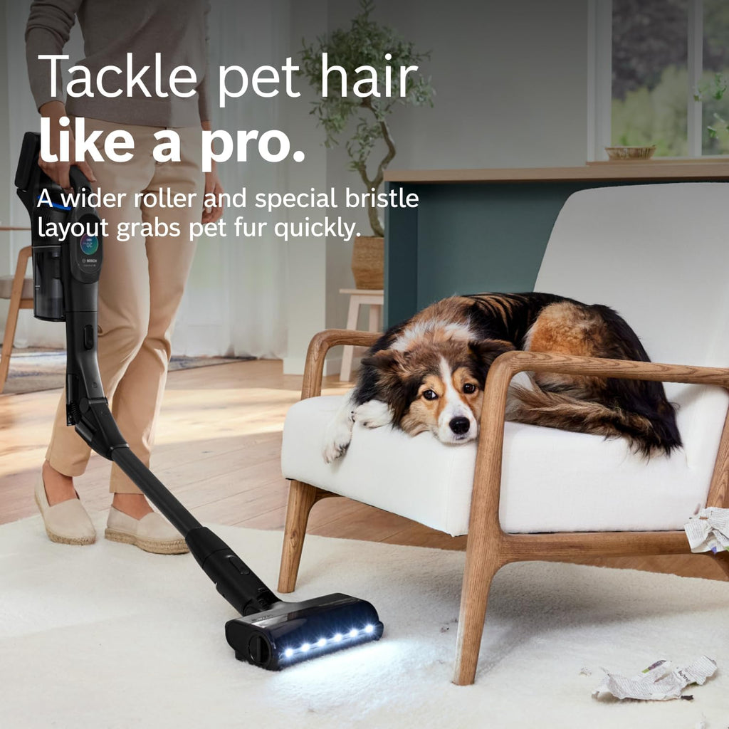Bosch Unlimited 10 Cordless Stick Vacuum Cleaner - Up to 80 Min Battery, Fast Charger, Pet Hair, Hard Floors and Carpets, HEPA Filter, MicroClean Brush, Bendable Tube, 6 Accessories, Black