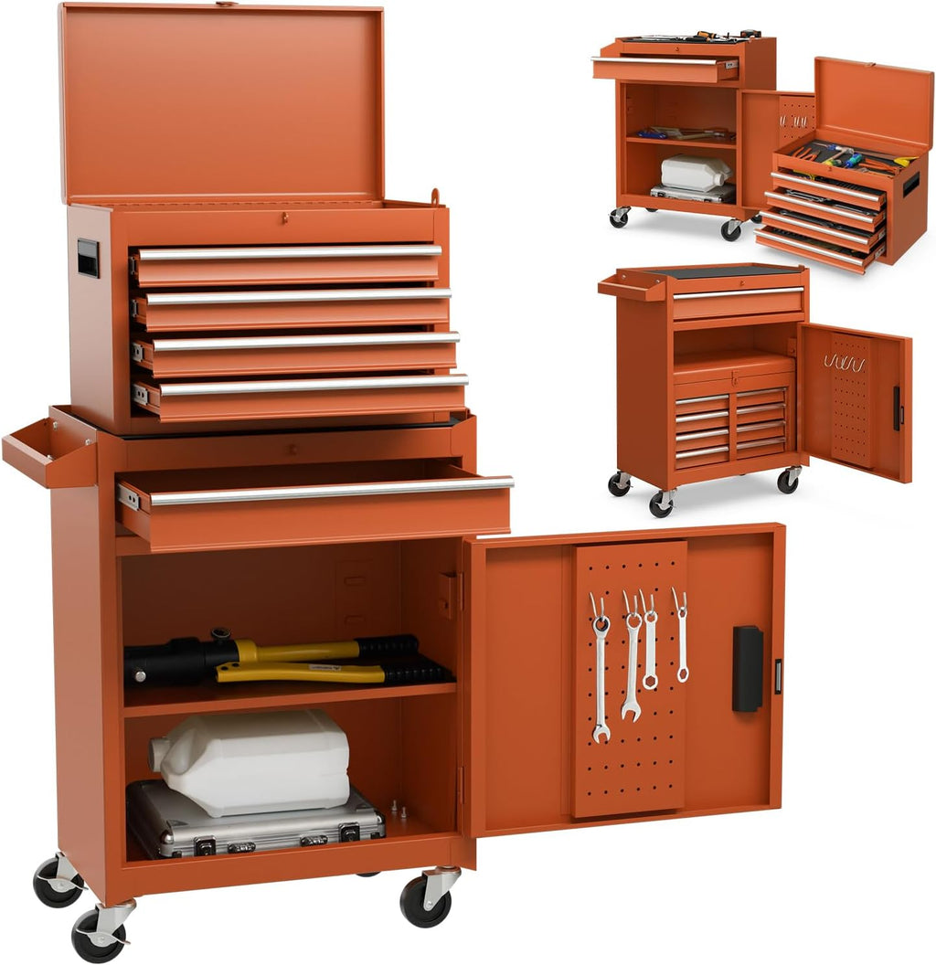 S AFSTAR 5-Drawer Rolling Tool Chest, Lockable Wheels, Adjustable Shelf & Anti-Slip Liner, Detachable Tool Box Organizer, Garage Workshop (Orange)