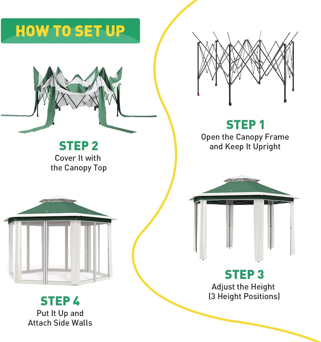 13X13 Pop Up Gazebo,Outdoor Canopy Tent with Mosquito Netting, Double Vented Roof Sun Shelter with Adjustable Heights,Outdoor Gazebo for Backyard & Patio Furniture.(Green with Beige-Hexagonal).