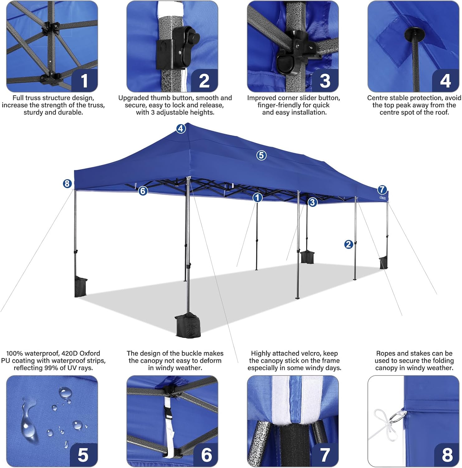 COBIZI Pop up Canopy Tent 10x30 Heavy Duty Gazebo with 8 Sidewalls, UPF 50+ All Weather Waterproof Commercial Outdoor Wedding Party Tents Canopy with Roller Bag,Dark Blue