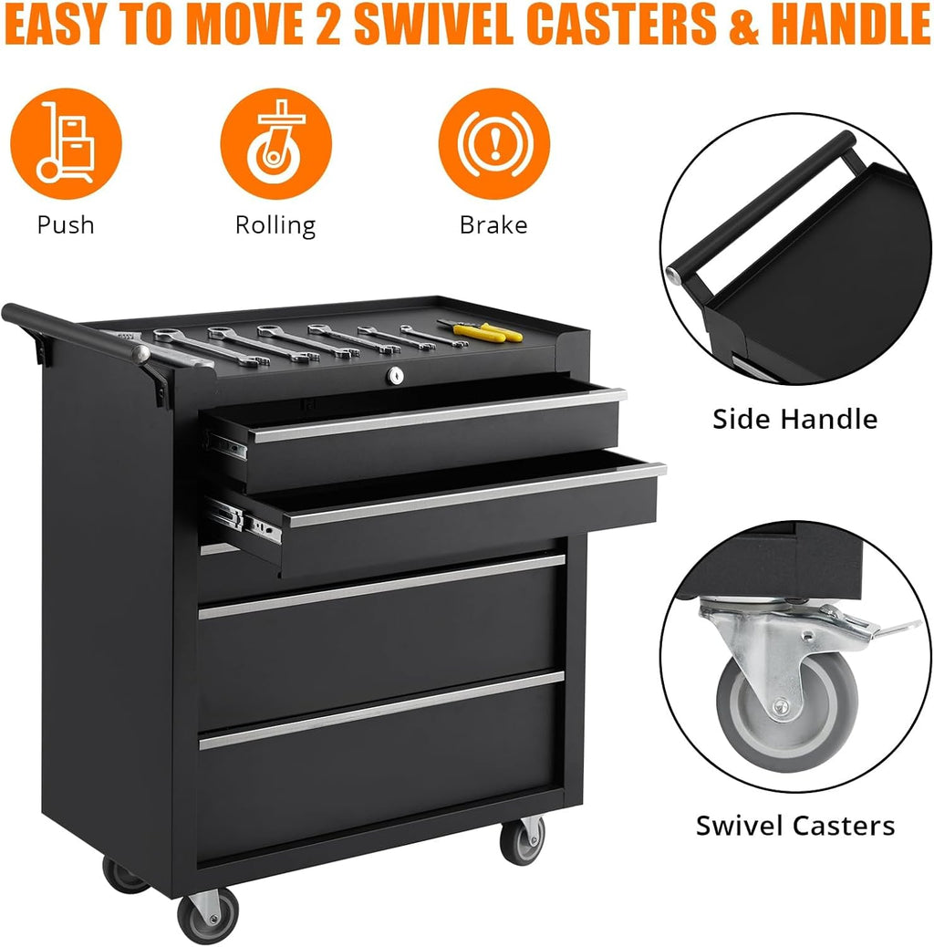 5-Drawer Tool Chest With Wheels, Rolling Tool Cart With Universal Wheels, Sliding Drawers and Protective Liner, Lockable Storage Cabinet for Garage, Workshop, Warehouse