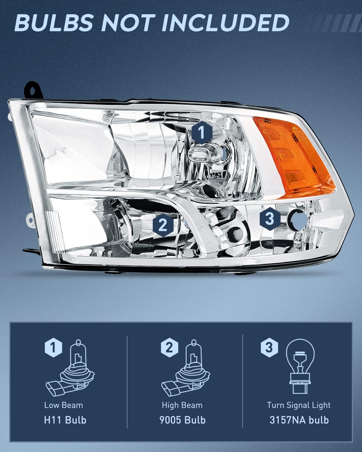 Nilight Headlight Assembly 2009 2010 2011 2012 2013 2014 2015 2016 2017 2018 Ram 1500 2500 3500 Pickup Quad Headlamp Assembly Replacement Chrome Housing Amber Corner Clear Lens,(Only for Quad Models)