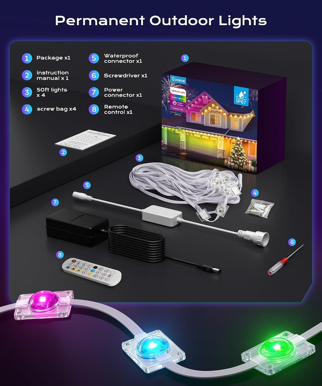 Permanent Outdoor Lights for House,200ft RGB+IC Lights with 16 Million Colors & 50 Scene Modes, App/Remote Control, IP67 Waterproof, DIY Music Sync, for Christmas, Holiday & Party Decor