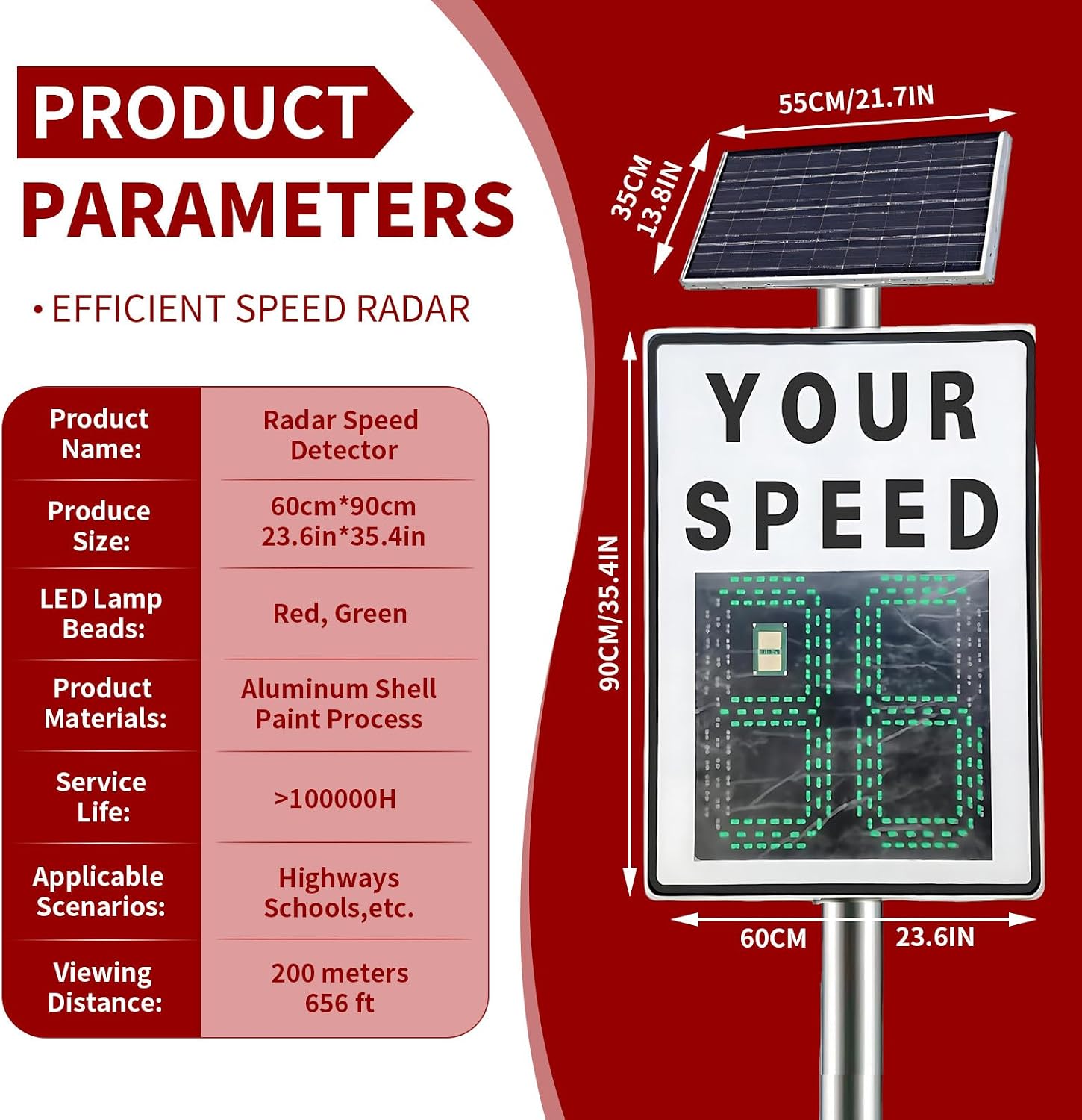23.6'X35.4' Radar Speed Sign - Integrated Solar Power, Radar Speed Display Sign, Ip65, 394ft Detection for Highways, Remote Control and Accessories