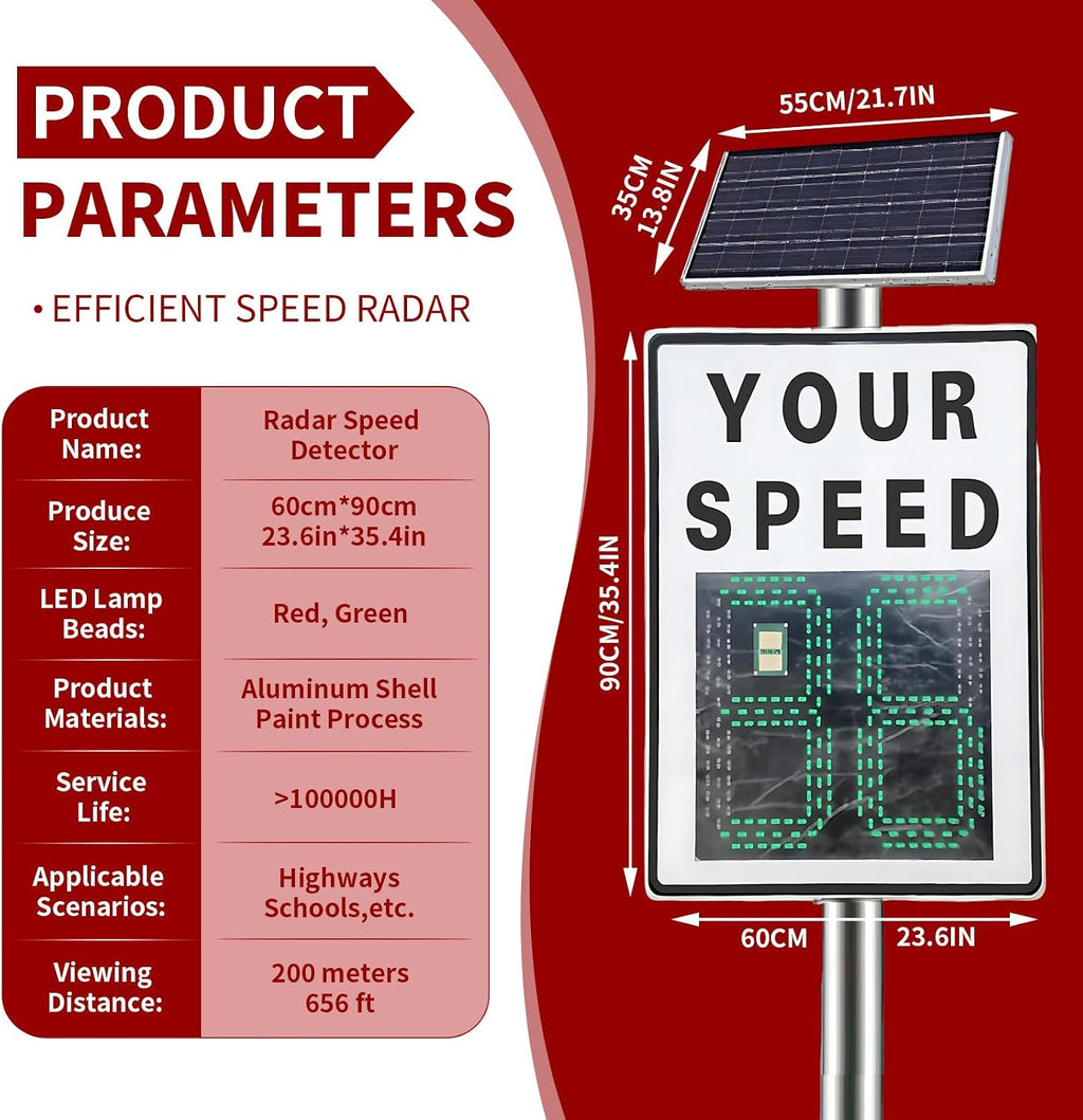23.6'X35.4' Solar Radar Speed Sign, Solar Powered Radar Speed Limit Sign with Remote Control and Accessories, Traffic Feedback Warning Board Speed Display