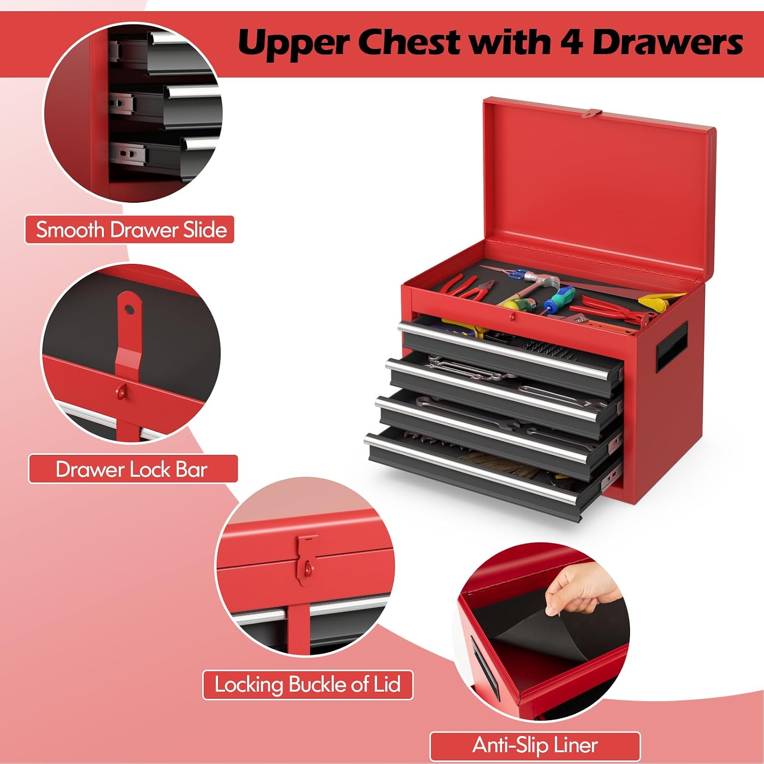 S AFSTAR 5-Drawer Rolling Tool Chest, High Capacity Tool Storage Cabinet W/Lockable Wheels, Adjustable Shelf & Anti-Slip Liner, Detachable Tool Box Organizer, Rolling Tool Cabinet (Black & Red)