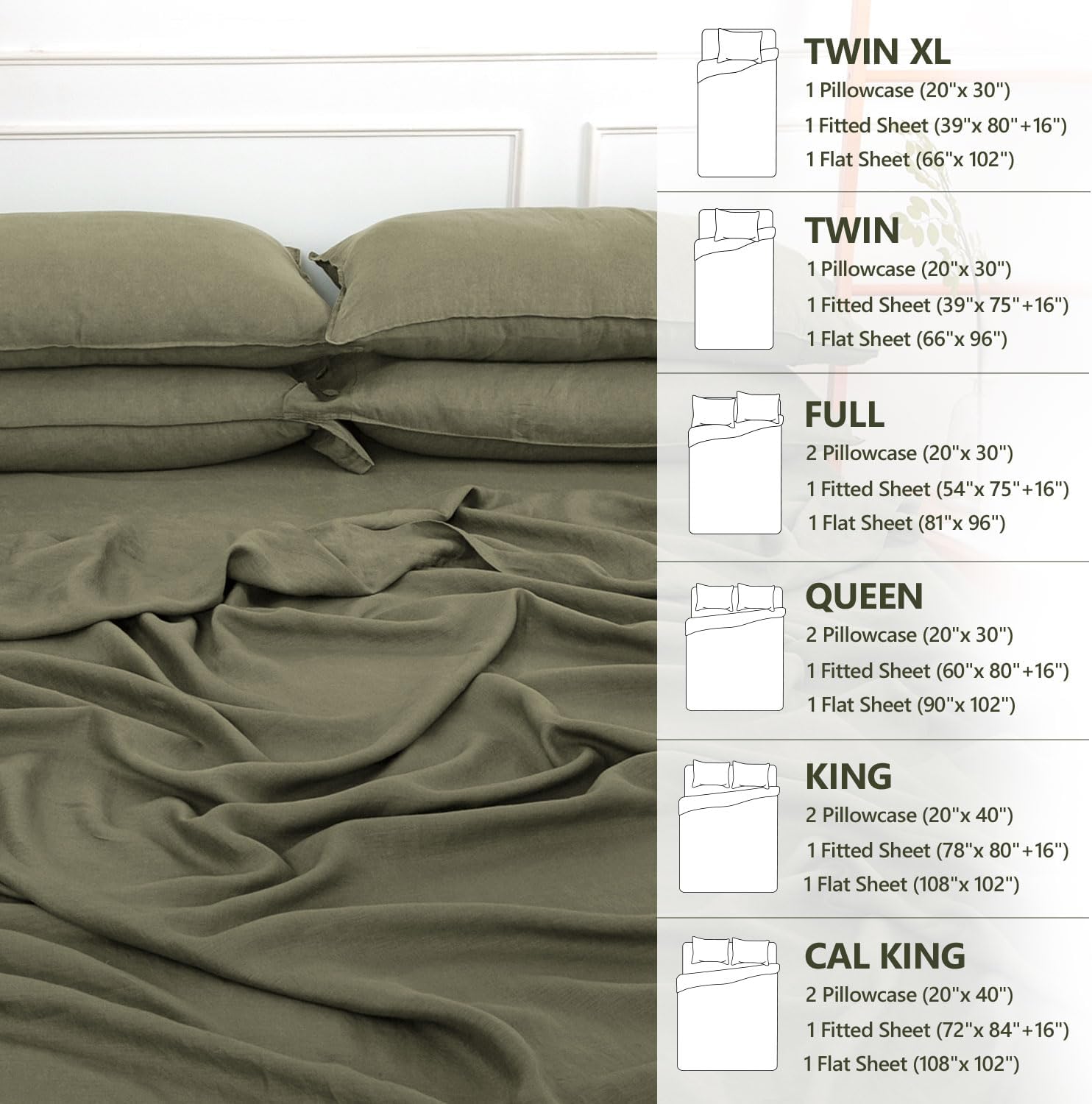 S VICTORY SYMBOL 100% Organic Linen Sheets Set Queen Size,Washed French Flax Bed Sheets 4Pcs(2 Pillowcases,1 Fitted Sheet,1 Flat Sheet) Burnt Olive