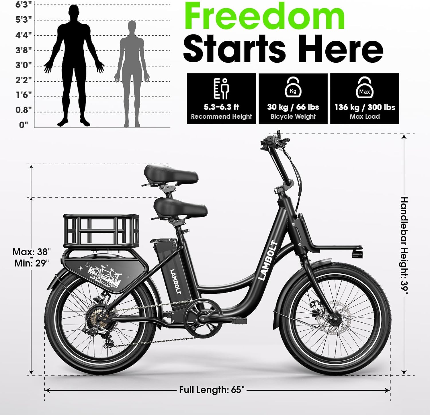 Electric Bike for Adults - 1000W Peak Motor Ebike with 48V15Ah Removable Battery, 20' x 3.0 Fat Tire Step-Thru 7-Speed Commuter Electric Bicycle, Up to 24 MPH, 70 Miles Range, UL 2849 Certified.