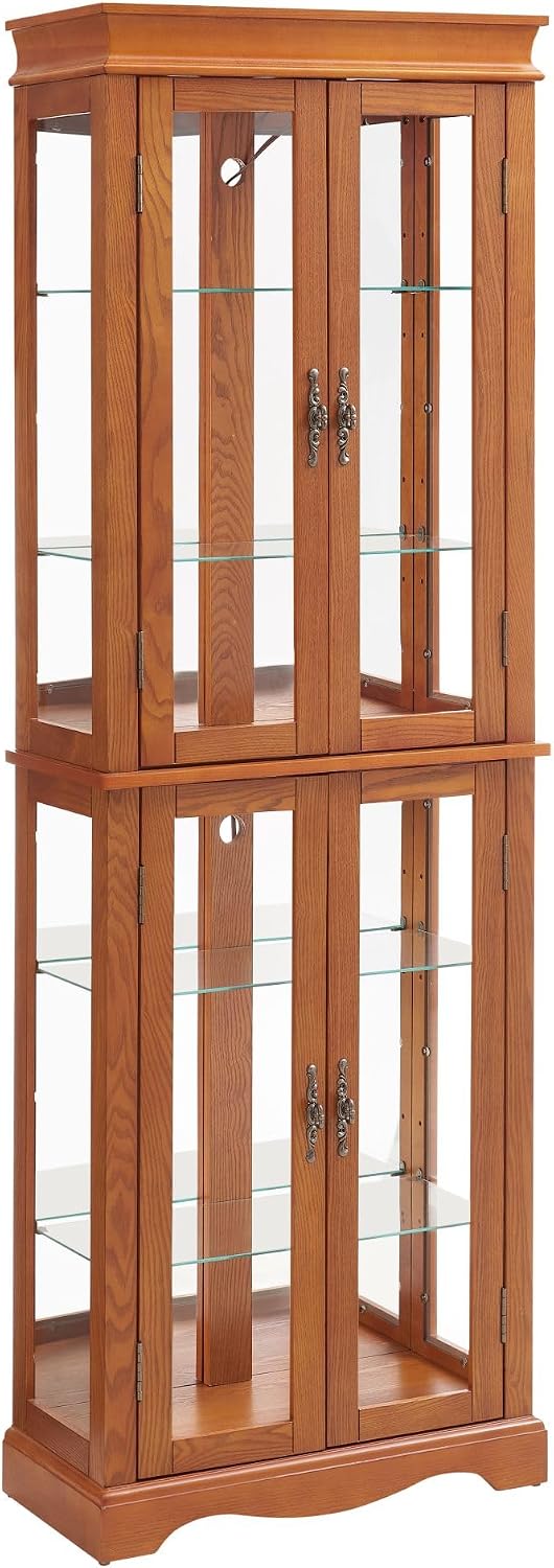 71' Lighted Curio Cabinet with 6 Adjustable Shelves, Vintage Glass Display Case, Tempered Glass Doors, Tall Wine Bar Cabinet for Living Room Liquor Storage, Bulb Included