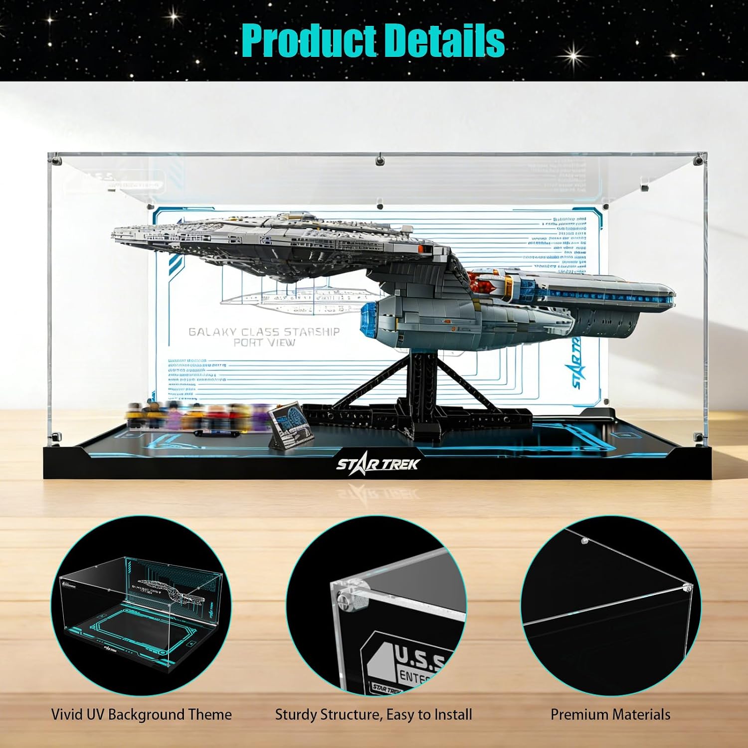 Lighted Display Case for Lego 10356 Star Trek U.S.S. Enterprise, Dustproof Acrylic Showcase with Dimmable Led Light & 360° Clear View - Collector's Edition Stand for Building Sets, Gift for Fans