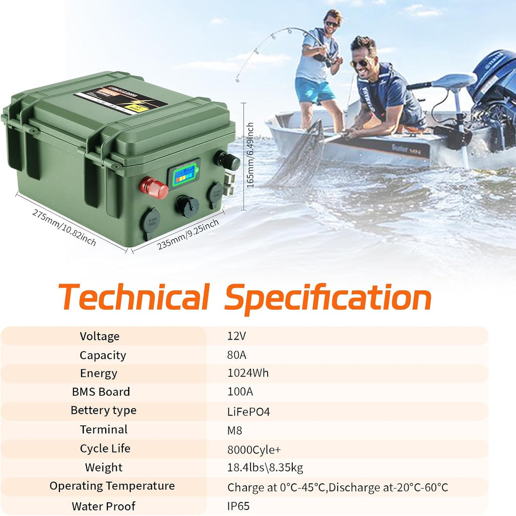 12V 80Ah LiFePO4 Battery,Trolling Motor Battery Built-in 100A BMS 1024Wh,8000+ Deep Cycle Lithium Batteries 12V for Marine,Boat,Solar,RV