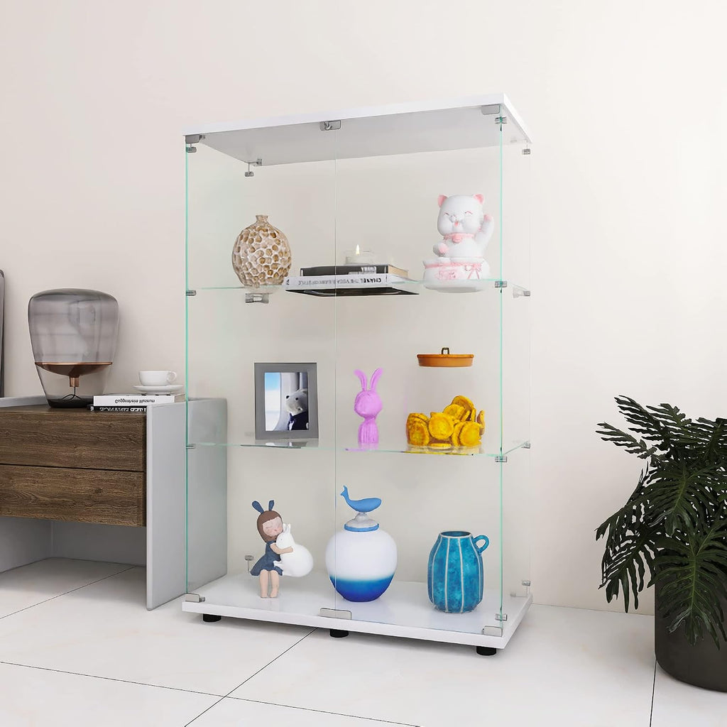 LFT HUIMEI2Y Glass Display Cabinet 3-Shelf with Double Door, Curio Cabinets Fast Installation in 30 Mins, Tempered Glass Floor Standing Bookshelf for Bedroom, Living Room 49.1'x 31.7'x 14.4' White