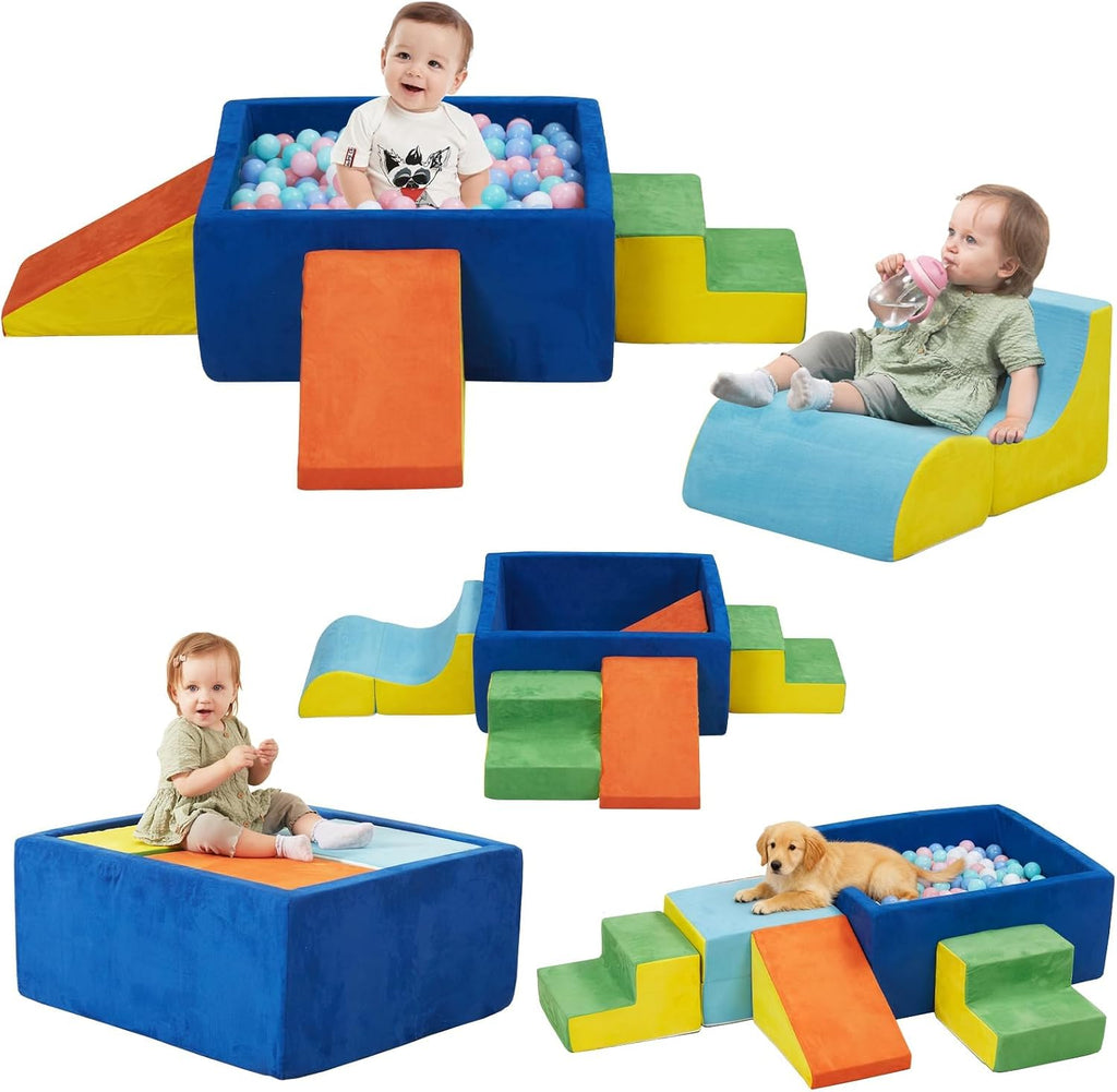 6-Piece Foam Climbing Blocks with Ball Pit for Toddlers 1-3,Soft Play Set for Indoor Climbing & Sliding,Modular Baby Gym for Gross Motor Skills,Machine Washable,Colorful(Balls Not Included)