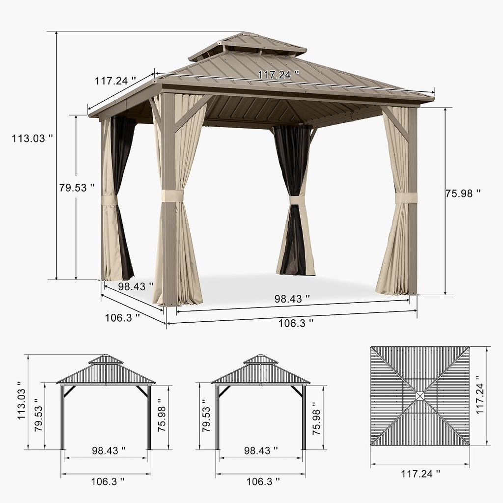 PURPLE LEAF 10' x 10' Hardtop Gazebo, Champagne Outdoor Metal Gazebo with Galvanized Steel Double Roof, Curtains and Netting for Patio Lawn and Garden