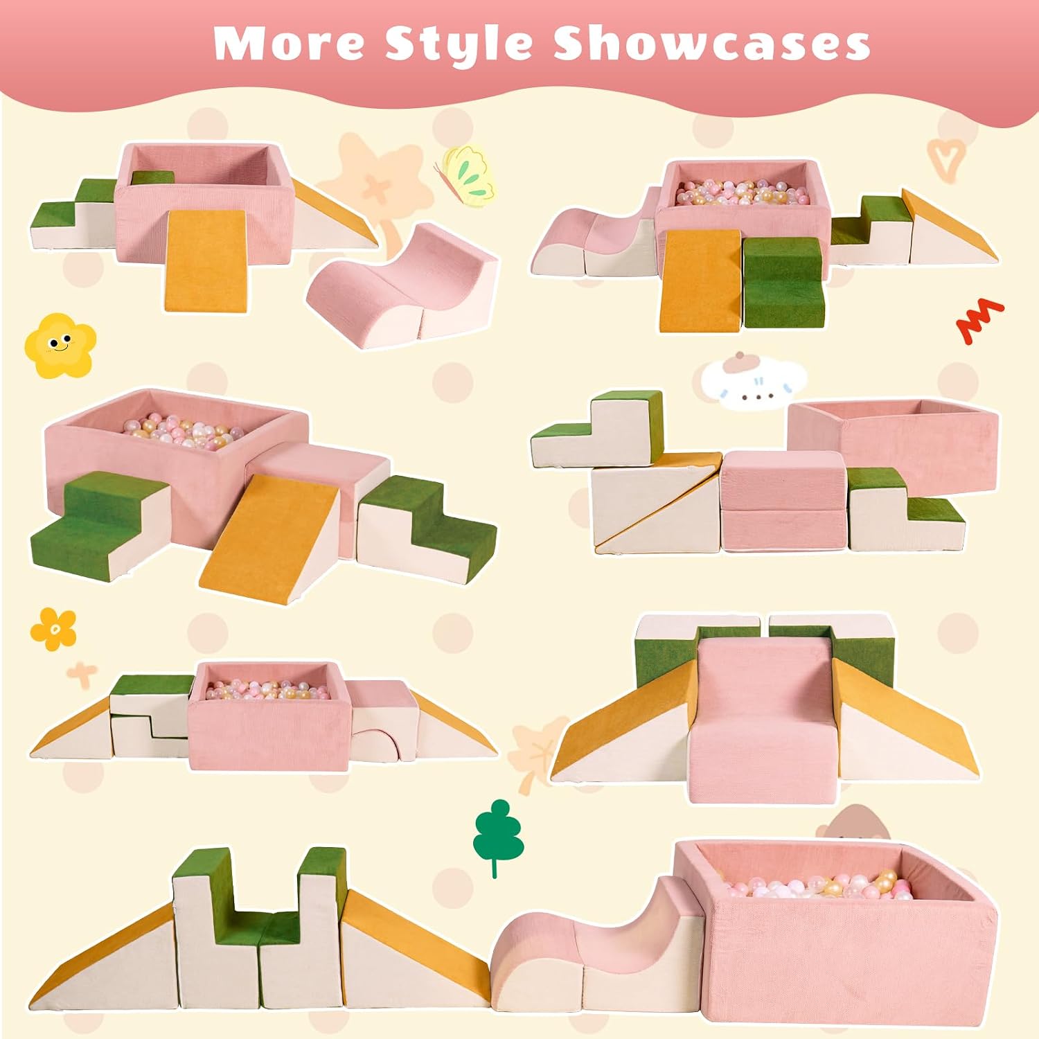 6-Piece Modular 30D High-Density Foam Climbing Blocks for Toddlers 6-24 Months,OEKO-TEX Certified Soft Play Set with Large Ball Pit,Pink Indoor Crawling Toys for Baby Girls (Balls Not Included)