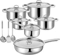 15pcs Stainless Steel Cookware Set with Lids and Cooking Utensils, Induction Compatible Kitchen Pots and Pans Set with Composite Bottom for Gas, Electric, and Induction Stoves