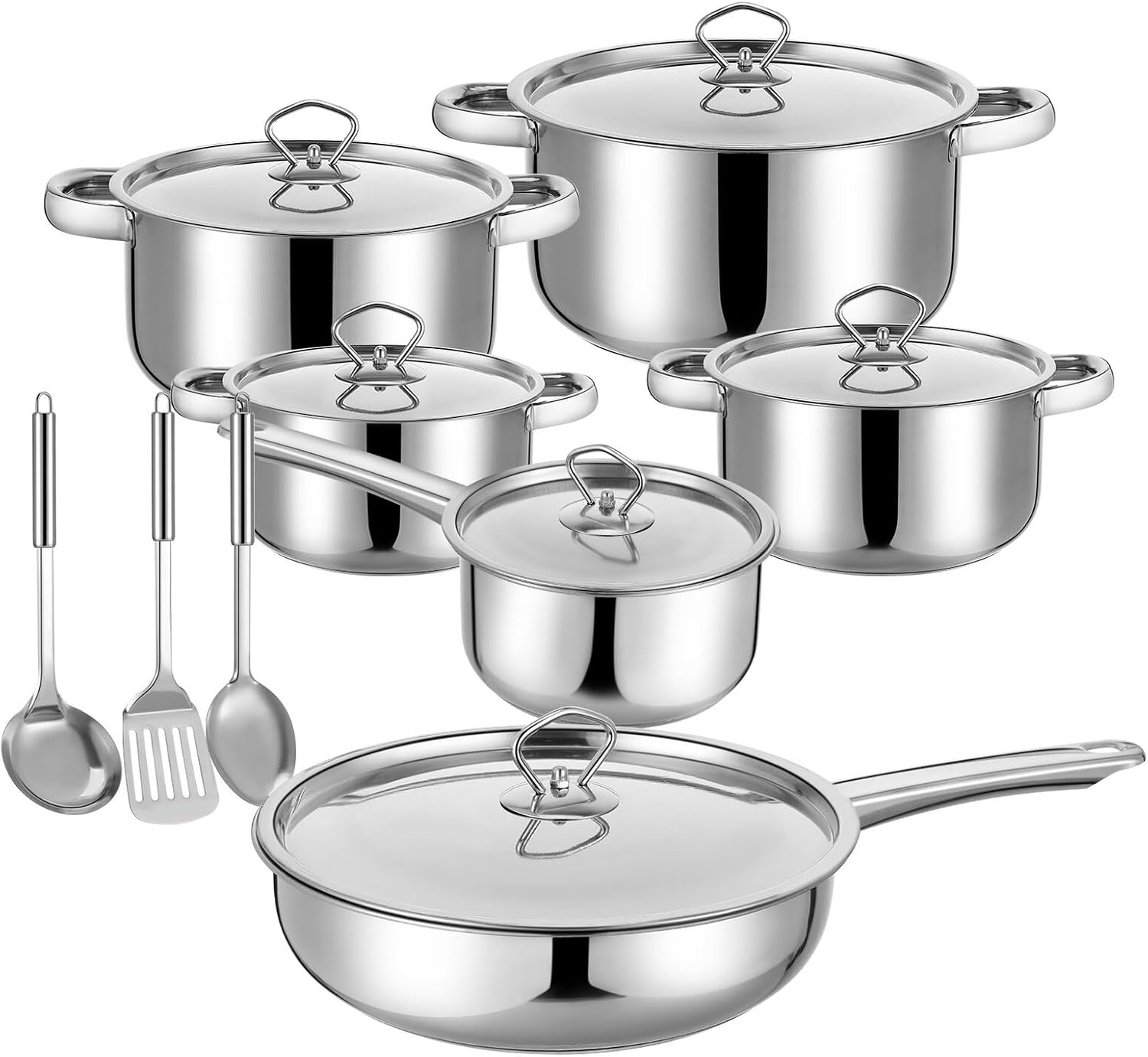 15pcs Stainless Steel Cookware Set with Lids and Cooking Utensils, Induction Compatible Kitchen Pots and Pans Set with Composite Bottom for Gas, Electric, and Induction Stoves