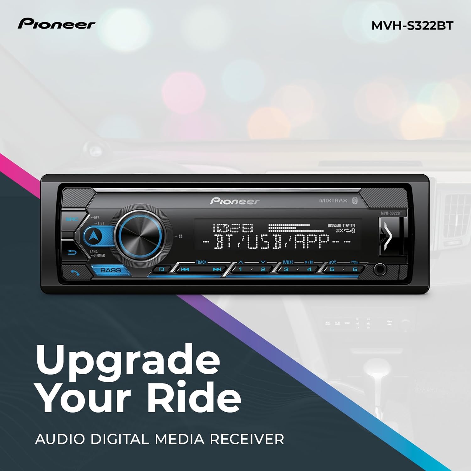 Pioneer MVH-S322BT 1-Din Digital Media Receiver – Bluetooth, USB, Color Change, FLAC, Voice Control, 50W x 4 Output, 13-Band EQ, AM/FM Radio, iPhone/Android Compatible, Front, Rear/SW Selectable RCA