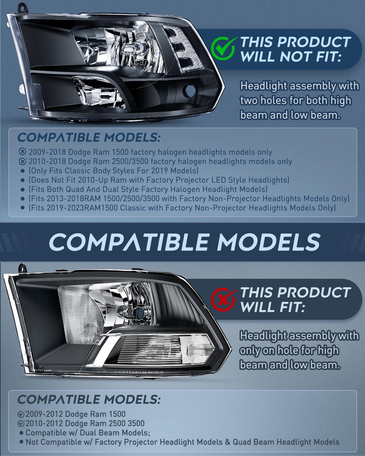 Nilight Headlight and Taillight Assembly Combo Compatible with 2009 2010 2011 2012 2013 2014 2015 2016 2017 2018 Dodge Ram for Quad Models Black Housing Clear Reflector with Dark Red Tail Light