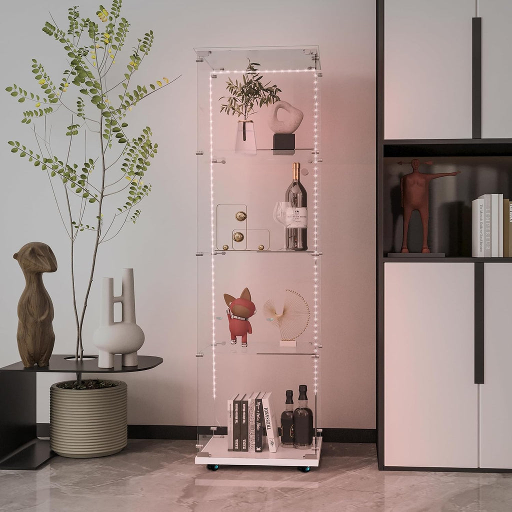 65' Tall Tempered Glass Display Cabinet with LED Lights&Rolling Wheels, Curio Cabinet with 4 Shelves with 1 Door, Quick-Install Style Floor Standing Bookshelf File Cabinet for Living Room Office