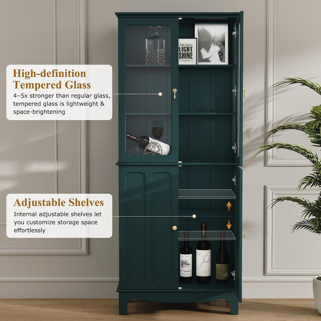 ARTPOWER 72' Freestanding Kitchen Pantry Storage Sideboard, Classical Tall Cabinet with Glass Door and Adjustable Shelves for Kitchen, Livingroom and Dining Room, Dark Teal